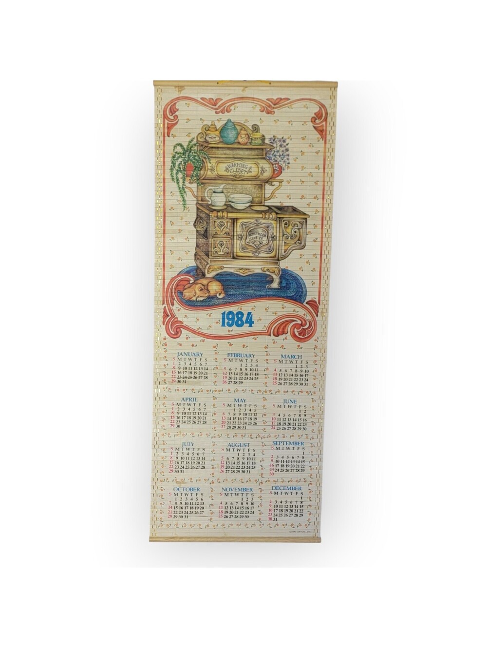 Vintage 1984 Warming Closet Bamboo Wall Calendar with Kitchen Stove Double Sided